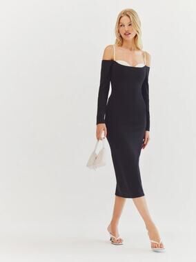 Reformation Graysen Black Contrast Bust Knit Midi Dress French Chic Resort
